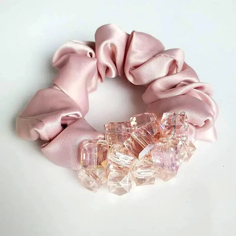 Dazzling Petal Elegance: Crystal-Embellished Floral Fabric Scrunchies. Hair accessories for brides.. Hair accessories in USA. Bride accessories in USA. Bridal hair accessories in USA. Kids hair accessories in USA. Girls hair accessories. Hair products. Beautiful hair accessories.