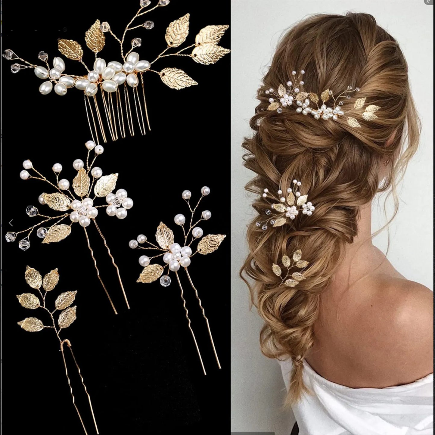 Golden Blossom Elegance: Pearl Flower Hairpin Side Comb