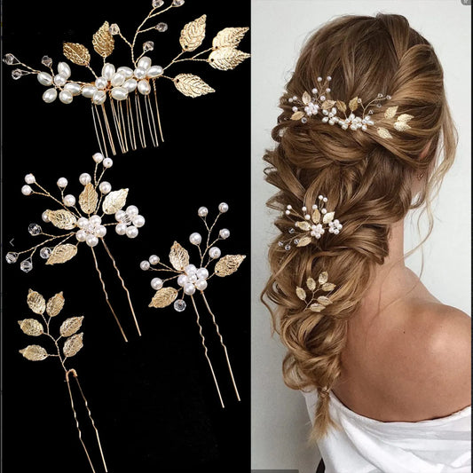 Golden Blossom Elegance: Pearl Flower Hairpin Side Comb