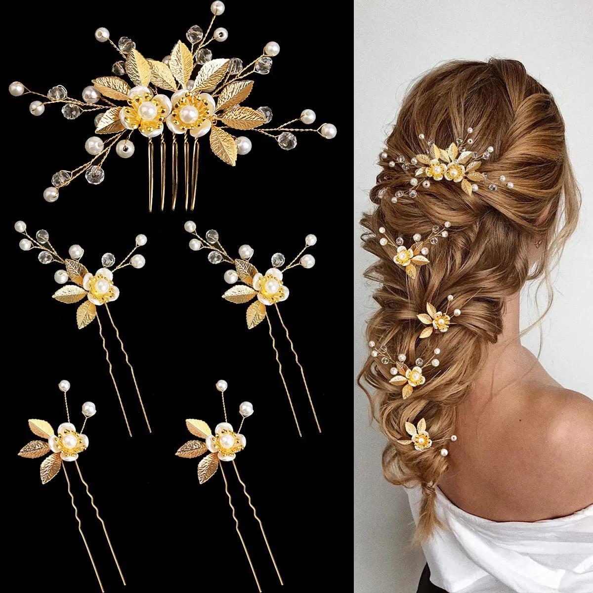 Golden Blossom Elegance: Pearl Flower Hairpin Side Comb