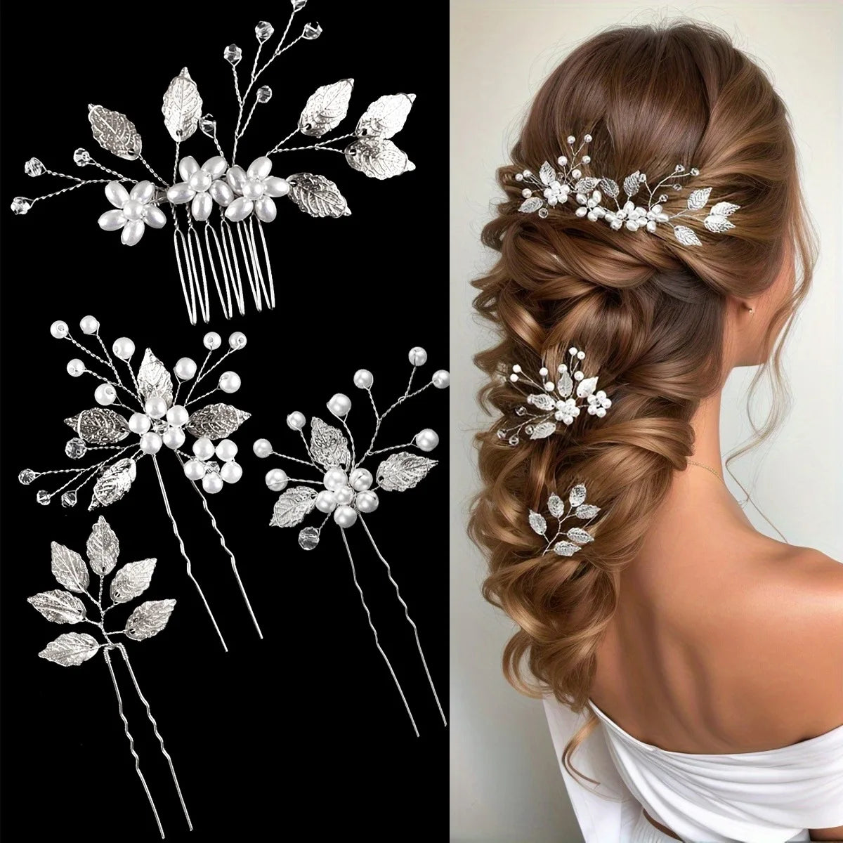 Golden Blossom Elegance: Pearl Flower Hairpin Side Comb