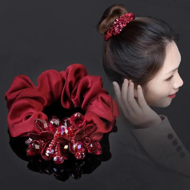 Dazzling Petal Elegance: Crystal-Embellished Floral Fabric Scrunchies. Hair accessories for brides.. Hair accessories in USA. Bride accessories in USA. Bridal hair accessories in USA. Kids hair accessories in USA. Girls hair accessories. Hair products. Beautiful hair accessories.