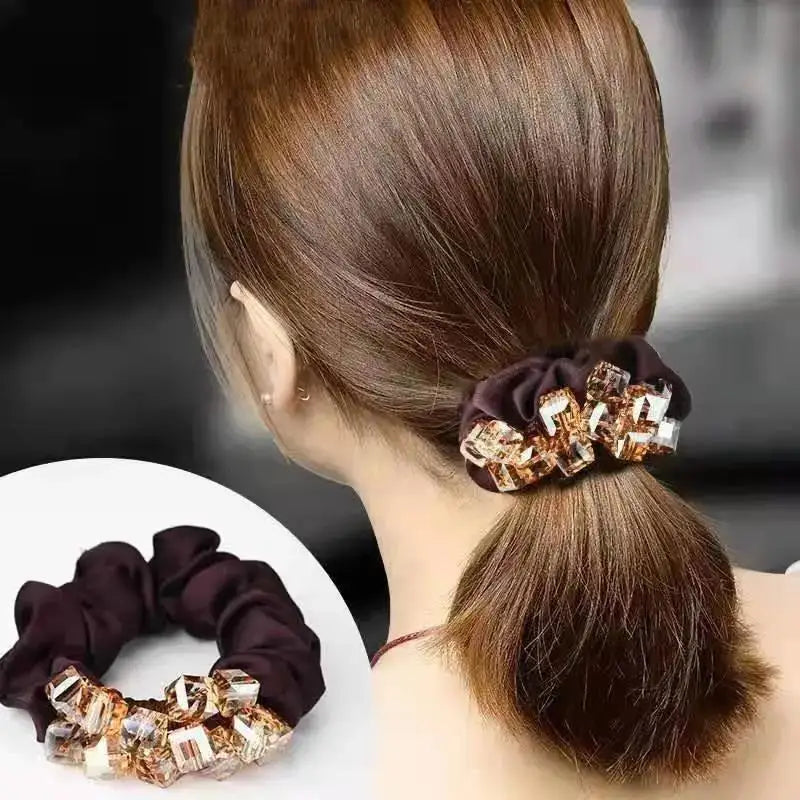 Dazzling Petal Elegance: Crystal-Embellished Floral Fabric Scrunchies. Hair accessories for brides.. Hair accessories in USA. Bride accessories in USA. Bridal hair accessories in USA. Kids hair accessories in USA. Girls hair accessories. Hair products. Beautiful hair accessories.