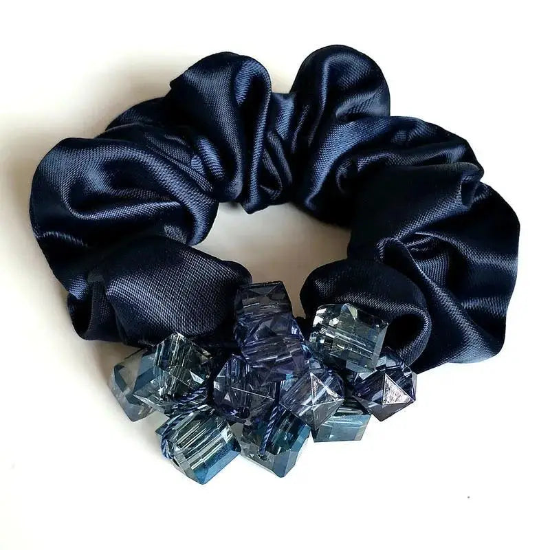 Dazzling Petal Elegance: Crystal-Embellished Floral Fabric Scrunchies. Hair accessories for brides.. Hair accessories in USA. Bride accessories in USA. Bridal hair accessories in USA. Kids hair accessories in USA. Girls hair accessories. Hair products. Beautiful hair accessories.