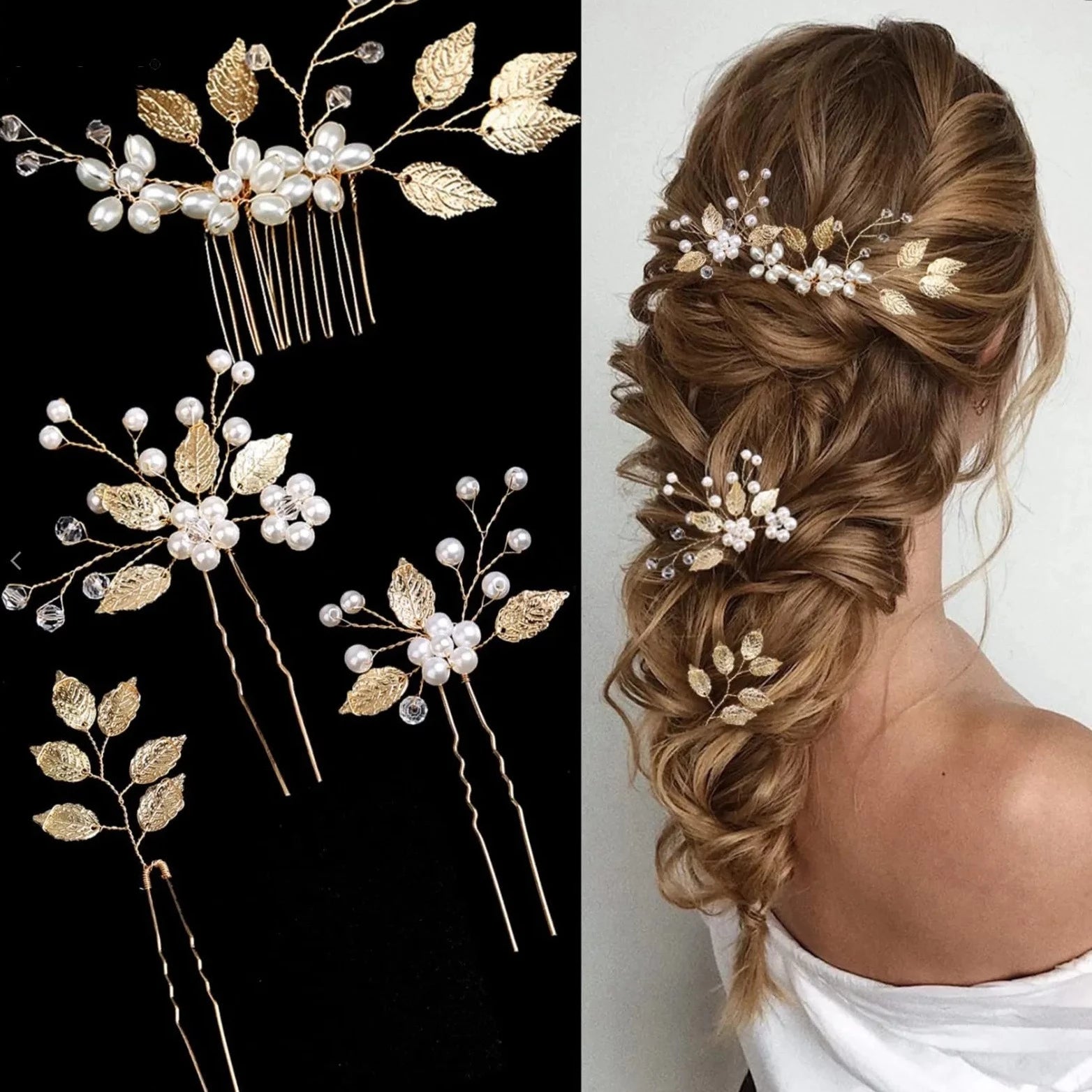 Golden Blossom Elegance: Pearl Flower Hairpin Side Comb