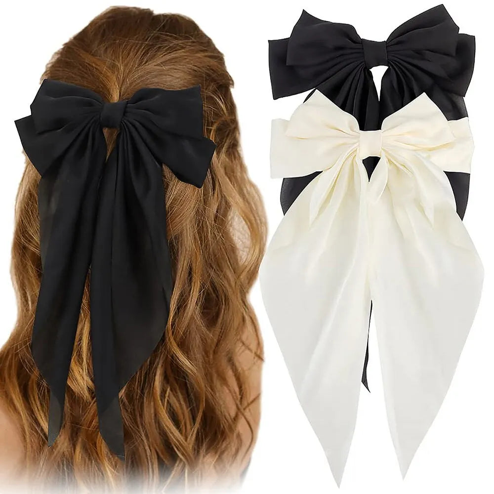 Chic Ribbon Elegance: 2-Piece Satin Bow Hair Clip Set. Hair accessories in USA. Bride accessories in USA. Bridal hair accessories in USA. Kids hair accessories in USA. Girls hair accessories. Hair products. Beautiful hair accessories.