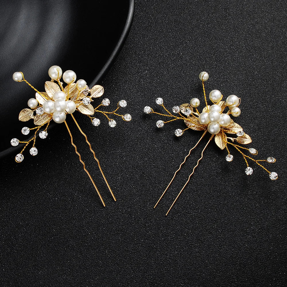 Golden Blossom Elegance: Pearl Flower Hairpin Side Comb