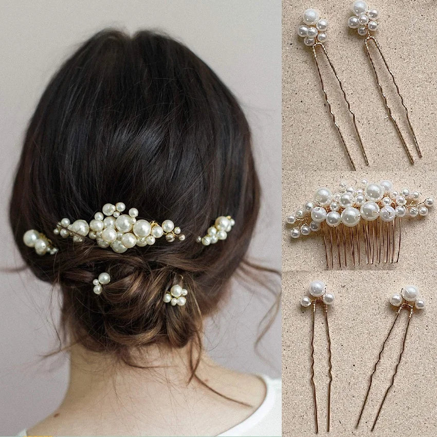 Golden Blossom Elegance: Pearl Flower Hairpin Side Comb