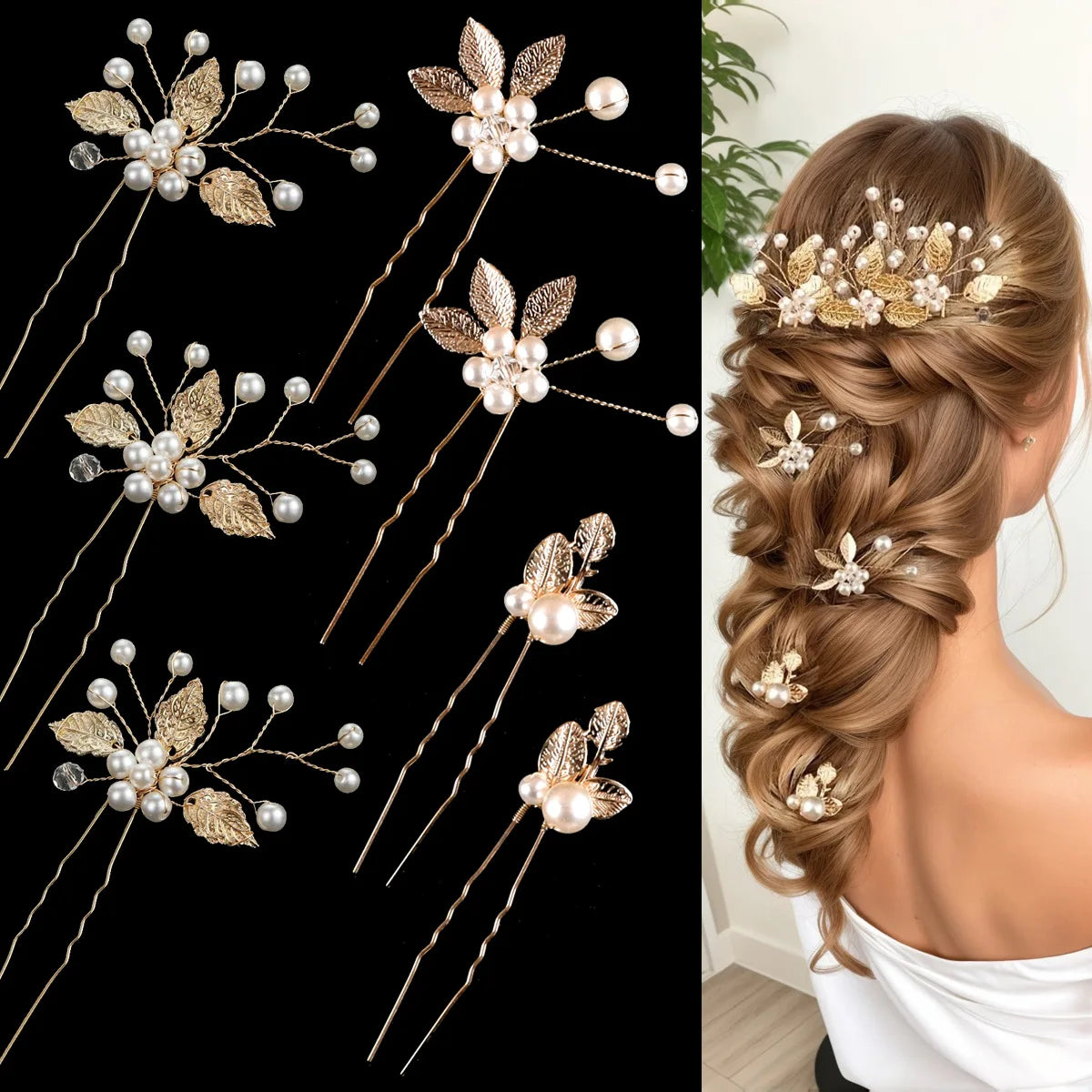 Golden Blossom Elegance: Pearl Flower Hairpin Side Comb