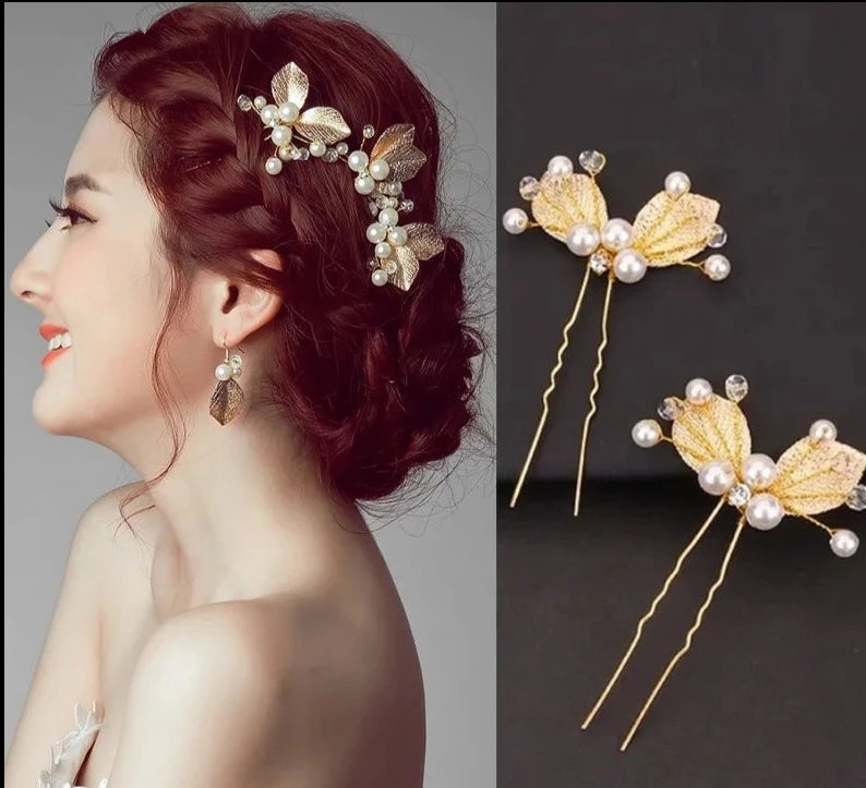 Golden Blossom Elegance: Pearl Flower Hairpin Side Comb