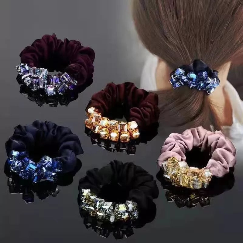 Dazzling Petal Elegance: Crystal-Embellished Floral Fabric Scrunchies. Hair accessories for brides.. Hair accessories in USA. Bride accessories in USA. Bridal hair accessories in USA. Kids hair accessories in USA. Girls hair accessories. Hair products. Beautiful hair accessories.