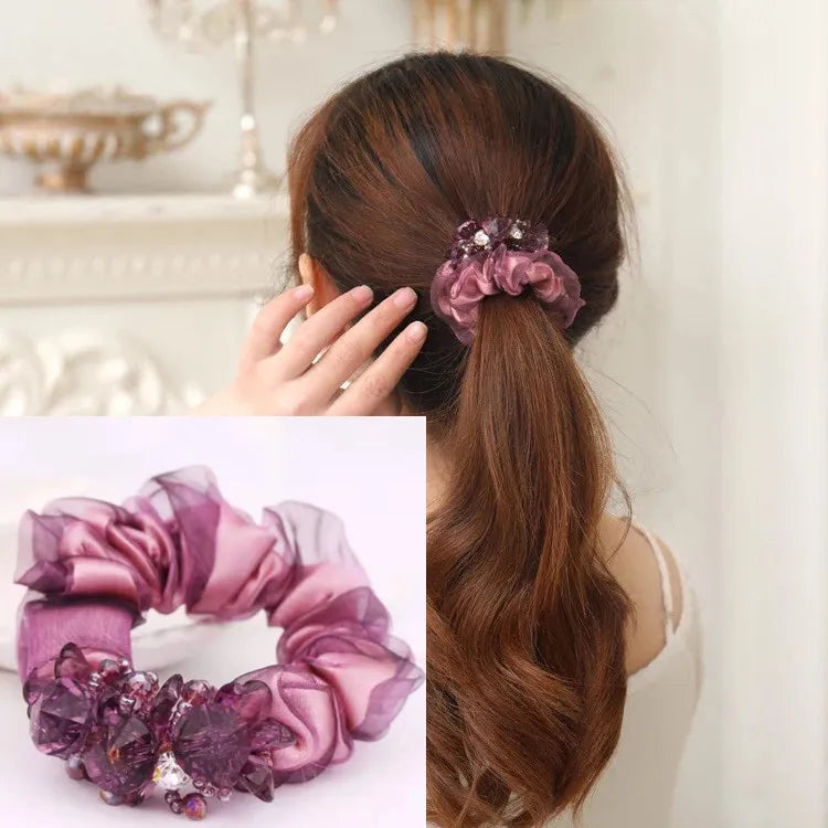 Dazzling Petal Elegance: Crystal-Embellished Floral Fabric Scrunchies. Hair accessories for brides.. Hair accessories in USA. Bride accessories in USA. Bridal hair accessories in USA. Kids hair accessories in USA. Girls hair accessories. Hair products. Beautiful hair accessories.