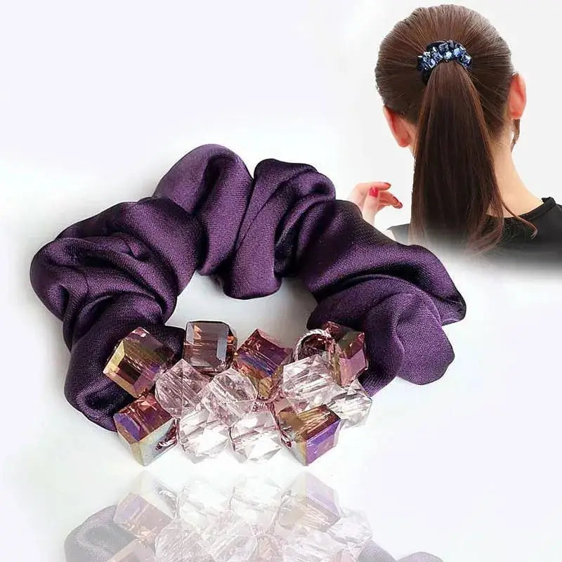 Dazzling Petal Elegance: Crystal-Embellished Floral Fabric Scrunchies. Hair accessories for brides.. Hair accessories in USA. Bride accessories in USA. Bridal hair accessories in USA. Kids hair accessories in USA. Girls hair accessories. Hair products. Beautiful hair accessories.