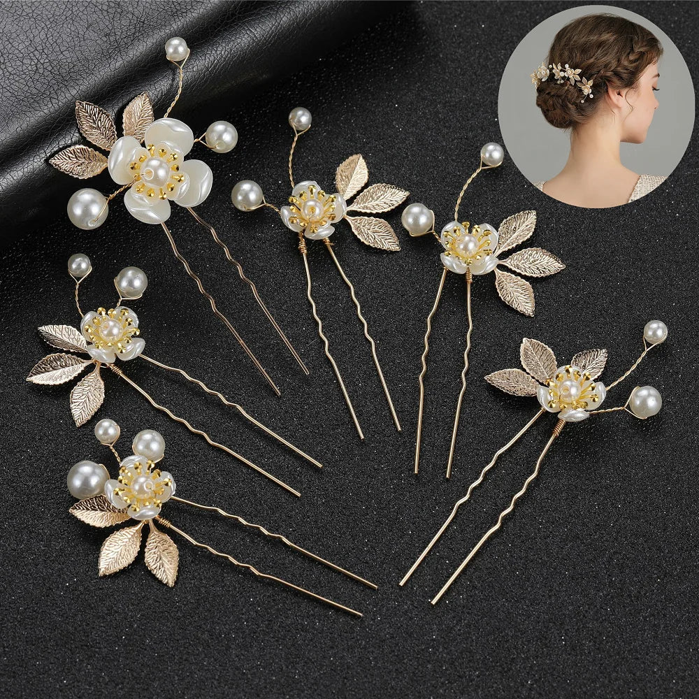 Golden Blossom Elegance: Pearl Flower Hairpin Side Comb