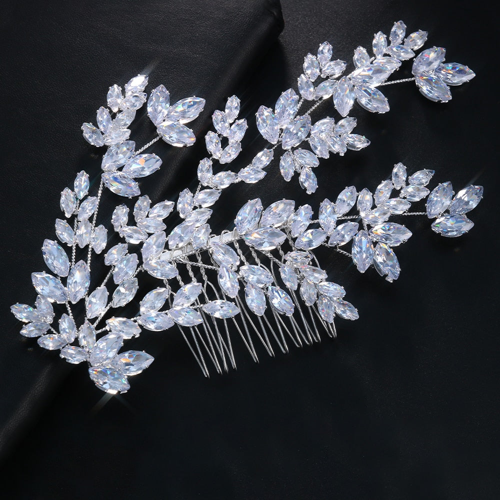 Radiant Leaves Cubic Zirconia Bridal Hair Comb. Bridal hair Accessory. Wedding bridal hair combs. Hair accessories for brides. Hair accessories in USA. Bride accessories in USA. Bridal hair accessories in USA. Kids hair accessories in USA. Girls hair accessories. Hair products. Beautiful hair accessories.