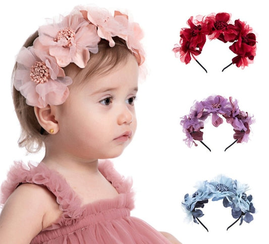 Petite Princess Baby Headband: Floral Crown Hair Accessory for Girls. Hairxza Hair Accessories. Hair accessories in USA. Bride accessories in USA. Bridal hair accessories in USA. Kids hair accessories in USA. Girls hair accessories. Hair products. Beautiful hair accessories.