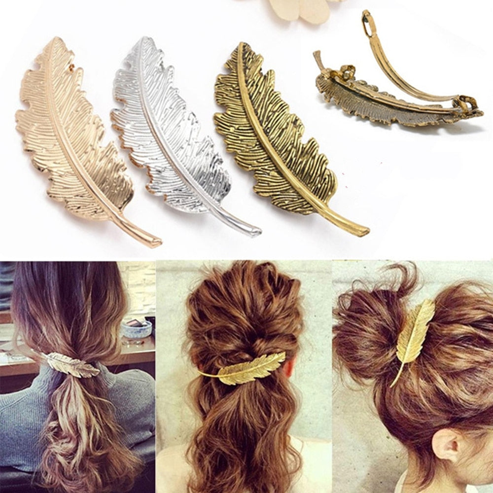 Feather Leaf Barrette: Vintage Alloy Hair Clip for Women. Hair accessories in USA. Bride accessories in USA. Bridal hair accessories in USA. Kids hair accessories in USA. Girls hair accessories. Hair products. Beautiful hair accessories.